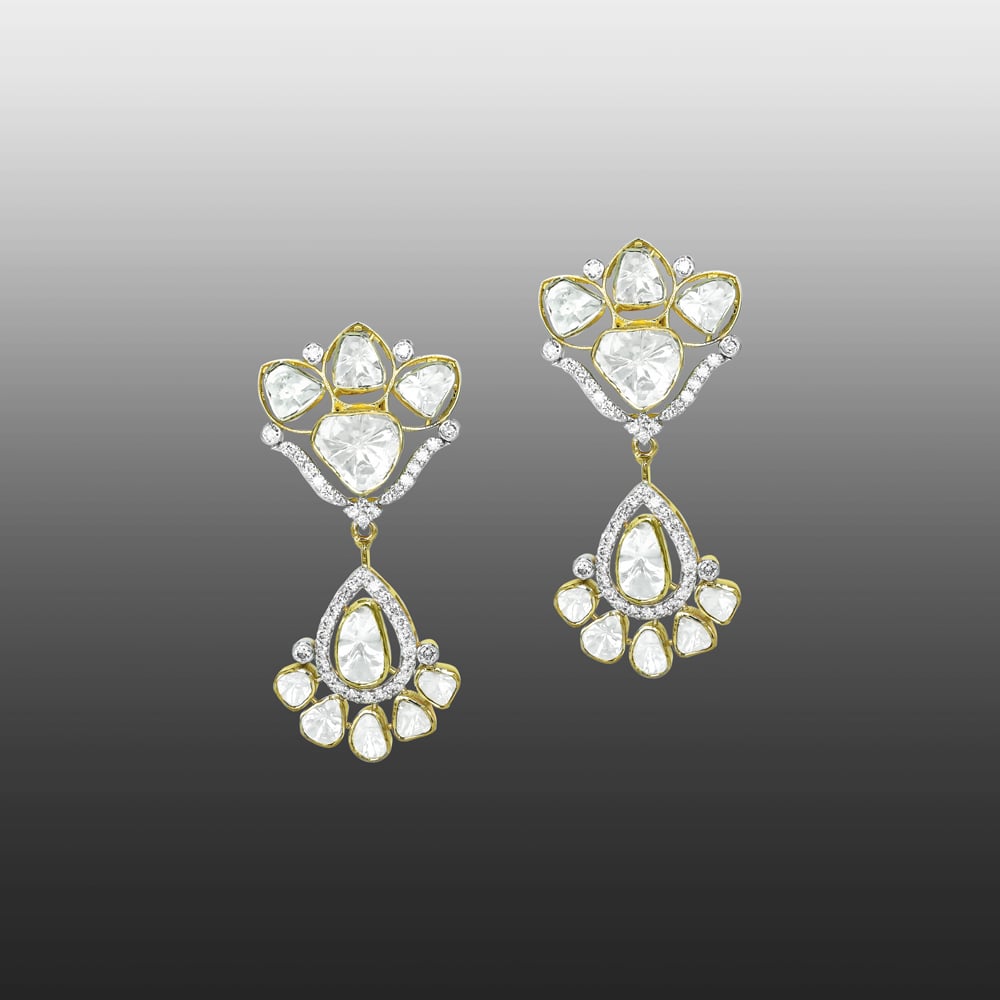 Teardrop Polki Earrings with Diamonds and Dangling Motif